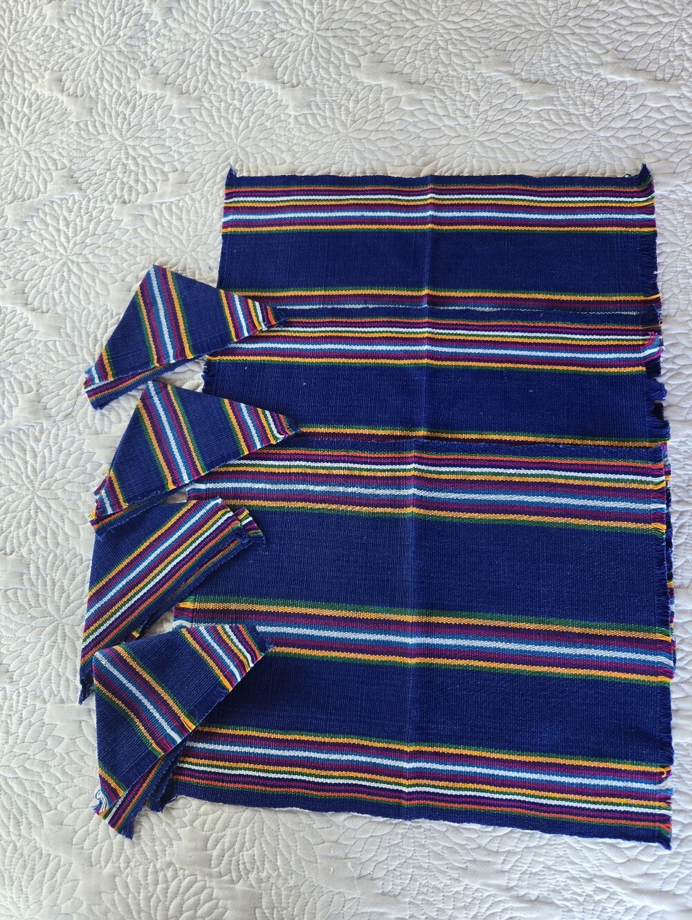 Guatamalen Handwoven Stripe Six Placemats & Napkins Cobalt Blue Rainbow Accents